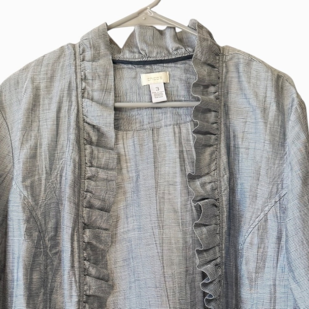 Chico's Open‎ Front Ruffle Swing Blue & White Cardigan Jacket Sz XL - Picture 2 of 5